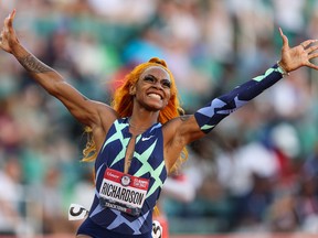FILE - JULY 2, 2021: It was reported that Sprinter Sha'Carri Richardson will not be able to participate in the 100-meter event at the 2020 Tokyo Olympics after testing positive for marijuana at the U.S. Olympic Trials in June, July 2, 2021. EUGENE, OREGON - JUNE 19: Sha'Carri Richardson celebrates winning the Women's 100 Meter final on day 2 of the 2020 U.S. Olympic Track & Field Team Trials at Hayward Field on June 19, 2021 in Eugene, Oregon. (Photo by Patrick Smith/Getty Images)