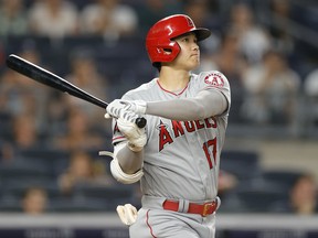 Shohei Ohtani #17 of the Los Angeles Angels hits a two-run home run during the fifth inning against the New York Yankees at Yankee Stadium on June 29, 2021 in the Bronx borough of New York City. (Photo by Sarah Stier/Getty Images)