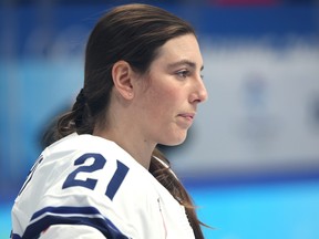Hilary Knight #21 of Team United States before practice in preparation for the 2022 Beijing Winter Olympics at the Wukesong Sports Centre on February 01, 2022 in Beijing, China. (Photo by Harry How/Getty Images)