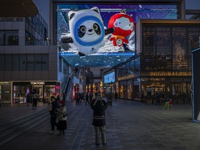 A LCD screen displays a video with Beijing 2022 Winter Olympics and Paralympics official mascots Bing Dwen Dwen and Xue Rong Rong on February 01, 2022 in Beijing, China.