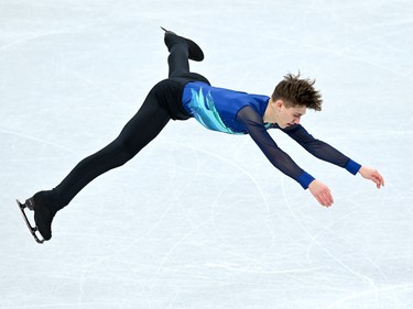 BEIJING, CHINA - FEBRUARY 04: Roman Sadovsky of Team Canada skates in the Men's Single Skating Short Program Team Event during the Beijing 2022 Winter Olympic Games at Capital Indoor Stadium on February 04, 2022 in Beijing, China.
