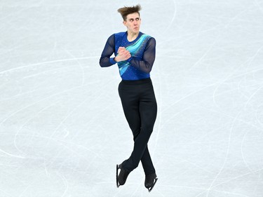 BEIJING, CHINA - FEBRUARY 04: Roman Sadovsky of Team Canada skates in the Men's Single Skating Short Program Team Event during the Beijing 2022 Winter Olympic Games at Capital Indoor Stadium on February 04, 2022 in Beijing, China.