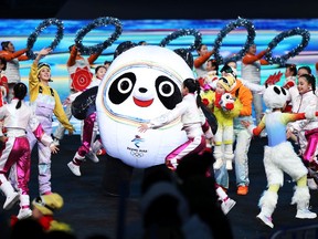 BEIJING, CHINA - FEBRUARY 04: Beijing 2022 Winter Olympic mascot Bing Dwen Dwen is seen during the Opening Ceremony of the Beijing 2022 Winter Olympics at the Beijing National Stadium on February 04, 2022 in Beijing, China.