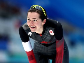 BEIJING, CHINA - FEBRUARY 05: Isabelle Weidemann of Team Canada reacts after skating during the Women's 3000m on day one of the Beijing 2022 Winter Olympic Games at National Speed Skating Oval on February 05, 2022 in Beijing, China.
