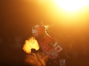 Sarah Beaudry of Team Canada skis during Mixed Biathlon 4x6km relay at National Biathlon Centre on February 05, 2022.