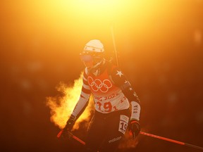 Susan Dunklee of Team United States skis during Mixed Biathlon 4x6km relay at National Biathlon Centre on February 05, 2022 in Zhangjiakou, China.