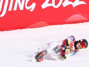 Nina O Brien of Team United States crashes during the Women's Giant Slalom 2nd run on day three of the Beijing 2022 Winter Olympic Games at National Alpine Ski Centre on Feb. 07, 2022 in Yanqing, China.