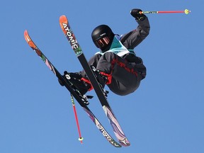 Megan Oldham of Team Canada performs a trick during the Women's Freestyle Skiing Freeski Big Air Final on Day 4 of the Beijing 2022 Winter Olympic Games at Big Air Shougang on February 08, 2022 in Beijing, China