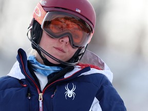 Mikaela Shiffrin of Team United States looks on prior to the Women's Slalom Run 1 on day five of the Beijing 2022 Winter Olympic Games.