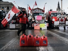 Hundreds of truck drivers and their supporters block the streets of downtown Ottawa as part of a convoy of protesters against COVID-19 mandates in Canada on February 09, 2022 in Ottawa, Ontario.