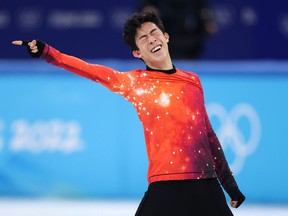BEIJING, CHINA - FEBRUARY 10: Nathan Chen of Team United States reacts during the Men Single Skating Free Skating on day six of the Beijing 2022 Winter Olympic Games at Capital Indoor Stadium on February 10, 2022 in Beijing, China