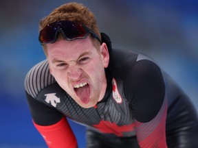 Graeme Fish of Team Canada reacts after skating the 10000m on day seven of the Beijing 2022 Winter Olympic Games at National Speed Skating Oval on February 11, 2022 in Beijing, China.
