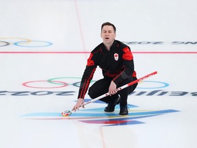 Brad Gushue of Team Canada reacts following their sides defeat against Team Switzerland during the Men's Round Robin Curling Session Four on Day 7 of the Beijing 2022 Winter Olympic Games at National Aquatics Centre on February 11, 2022 in Beijing, China.