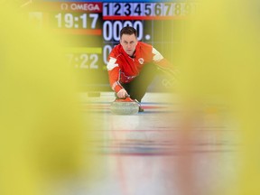 Brad Gushue of Team Canada compete against Team Sweden during the Men's Round Robin Curling Session on Day 8 of the Beijing 2022 Winter Olympic Games.