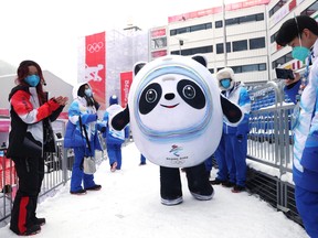 Bing Dwen Dwen walks by prior to the Men's Giant Slalom Run 2 on day nine of the Beijing 2022 Winter Olympic Games at National Alpine Ski Centre on February 13, 2022 in Yanqing, China.