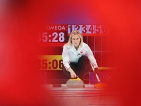 BEIJING, CHINA - FEBRUARY 14: Jennifer Jones of Team Canada competes against Team Great Britain during the Women's Curling Round Robin Session 8 on Day 10 of the Beijing 2022 Winter Olympic Games at National Aquatics Centre on February 14, 2022 in Beijing, China.