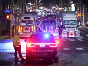 Parked trucks are seen in downtown Ottawa on Feb. 15 during the Freedom Convoy protest. A reader takes exception to Conservative Leader Pierre Poilievre's description of the protest as peaceful.