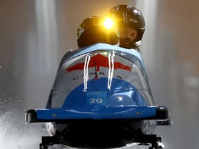 Cynthia Appiah of Team Canada slides during the 2-woman Bobsleigh training heats on day 12 of Beijing 2022 Winter Olympic Games at National Sliding Centre on Feb. 16, 2022 in Yanqing, China.