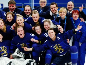 Team Finland celebrates after the Women’s Ice Hockey Bronze medal match between Team Finland and Team Switzerland on Day 12 of the Beijing 2022 Winter Olympic Games at Wukesong Sports Centre on February 16, 2022 in Beijing, China.