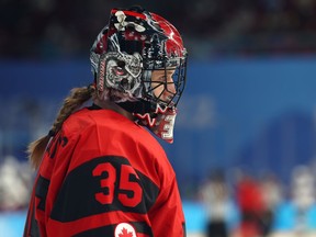 Canadian Goaltender Ann-Renee Desbiens of Team Canada looks on in the third period during the Women's Ice Hockey Gold Medal match between Team Canada and Team United States at the Beijing 2022 Winter Olympic Games on Feb. 17.