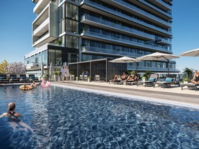 The terrace offerings at M2M SQUARED include a third-floor deck with playground, climbing walls and a mini putting green, a serene sixth-floor rooftop featuring a tea garden, and another on the tenth floor, with an outdoor swimming pool, sundeck and sauna.