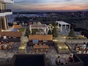 At the 26-storey DUO, rooftop amenities sit on the building’s wide podium on the eighth floor, minimizing wind and providing shade from the upper floors.