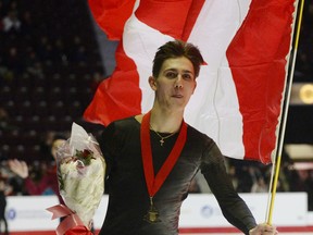 Jan 18, 2020; Mississauga, Ontario, CAN; Men's champion Roman Sadovsky reacts during the 2020 Canadian National Skating Championship at Paramount Fine Foods Centre.