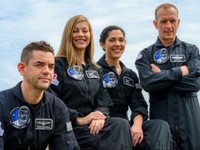 The SpaceX Polaris Dawn crew (from left) Jared Isaacman, Mission Commander; Anna Menon, Mission Specialist and Medical Officer; Sarah Gillis, Mission Specialist; and Scott Poteet, Mission pilot.