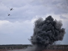 Helicopters during joint exercises of the armed forces of Russia and Belarus as part of an inspection of the Union State's Response Force, at a firing range near Brest.