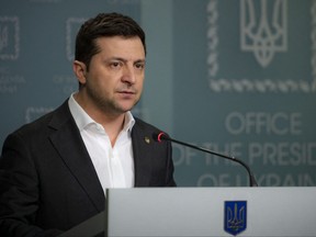 Ukrainian President Volodymyr Zelenskyy holds a briefing at the Office of the Head of State in Kyiv on Feb. 24, 2022.