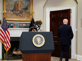 President Joe Biden departs the Roosevelt Room of the White House in Washington, D.C., on Thursday, Feb. 3, 2022, after announcing a "major terrorist threat" was eliminated during a U.S. raid in northwest Syria in which Islamic State leader Abu Ibrahim al-Hashimi al-Qurayshi was killed.
