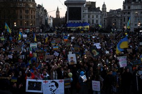 People protest against Russia's massive military operation in Ukraine, at Trafalgar Square in London, Britain February 27, 2022. REUTERS/Henry Nicholls