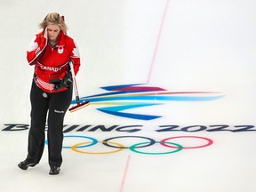 Team Canada skip Jennifer Jones heads down the ice during a game against the United States at the Beijing 2022 Winter Olympics on Wednesday, February 16, 2022.