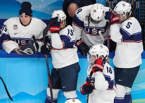 Team USA reacts to losing the gold medal match in women's hockey at the Beijing 2022 Winter Olympics on Thursday, February 17, 2022. Canada won the game 3-2.Gavin Young/Postmedia