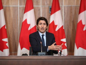 Justin Trudeau, Canada's prime minister, speaks during a news conference on Parliament Hill in Ottawa, Ontario, Canada, on Wednesday, Feb. 23, 2022.