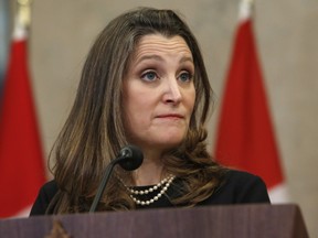 Chrystia Freeland, Canada's deputy prime minister and finance minister, speaks at a news conference in Ottawa, Ontario, Canada, on Thursday, Feb. 17, 2022.
