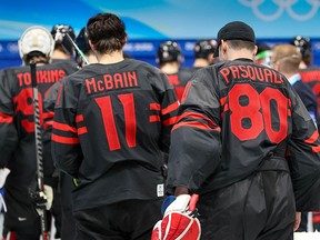 Team Canada leaves the ice after their 2-0 loss to Sweden in men’s quarter final hockey at the Beijing 2022 Winter Olympics.