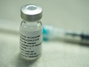 Ein Fläschchen eines aus Pflanzen gewonnenen COVID-19-Impfstoffkandidaten, der von Medicago entwickelt wurde, wird am 13. Juli 2020 in Quebec City im Rahmen der klinischen Phase-1-Studien des Unternehmens gezeigt.