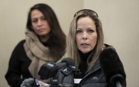 Tamara Lich, organizer of a protest convoy of truckers and supporters demanding an end to COVID-19 vaccination mandates, makes a statement during a press conference in Ottawa, Thursday, February 3, 2022.