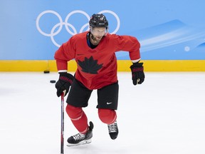 Team Canada forward Eric Staal skates during a team practice at the 2022 Winter Olympics in Beijing on Saturday, February 5, 2022.