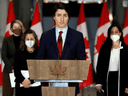 Prime Minister Justin Trudeau with Foreign Affairs Minister Mélanie Joly, Deputy Prime Minister Chrystia Freeland and National Defence Minister Anita Anand at a news conference about the situation in Ukraine, February 24, 2022 in Ottawa.