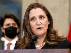 Finance Minister Chrystia Freeland takes part in a news conference with Prime Minister Justin Trudeau on Parliament Hill, February 14, 2022.