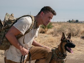 Channing Tatum and one of the three dogs who plays Lulu in Dog.