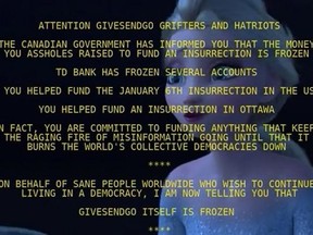 Detail from an image posted to GiveSendGo.com after the site was hacked and details of Freedom Convoy donors stolen.