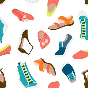 Casual shoes seamless pattern. Loafers, slippers, sandals, sneakers, flats. Vector colorful fashion design.