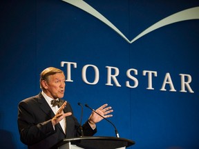 Chair of the Board of Torstar John Honderich speaks to shareholders at their annual general meeting in Toronto on Wednesday, May 7, 2014. THE CANADIAN PRESS/Aaron Vincent