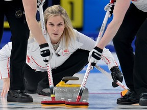 Jennifer Jones of Team Canada competes against Team Denmark during the Women’s Curling Round Robin Session on Day 13 of the Beijing 2022 Winter Olympic Games.