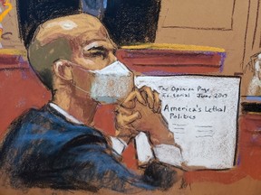 James Bennet watches as Sarah Palin, 2008 Republican vice presidential candidate and former Alaska governor, testifies during her defamation lawsuit trial against the New York Times, at the United States Courthouse in the Manhattan borough of New York City, U.S., February 10, 2022 in this courtroom sketch.