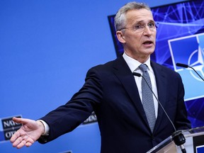 NATO Secretary General, Jens Stoltenberg speaks during a press conference ahead of a two-day meeting of the alliance's Defence Ministers at the NATO Headquarter in Brussels on February 15, 2022.