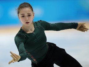 Kamila Valieva of Team ROC skates during a figure skating training session on day eight of the Beijing 2022 Winter Olympic Games.